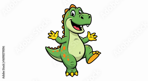 Happy green cartoon dinosaur character dancing joyfully.