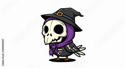 Cute cartoon crow skeleton wearing a witch hat and scarf for Halloween.