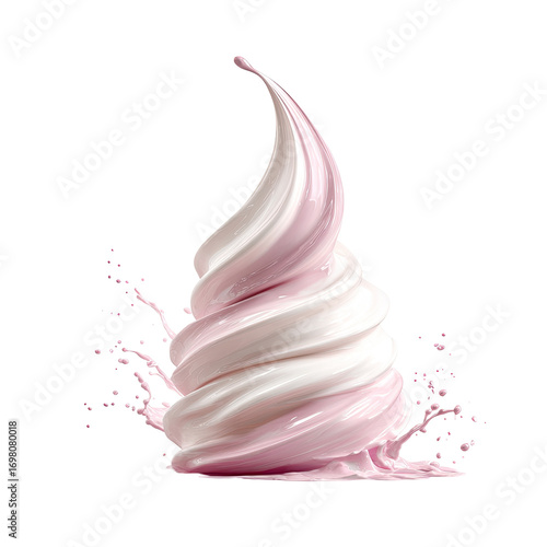 Whipped ice cream swirl in pink and white, exploding in a splash