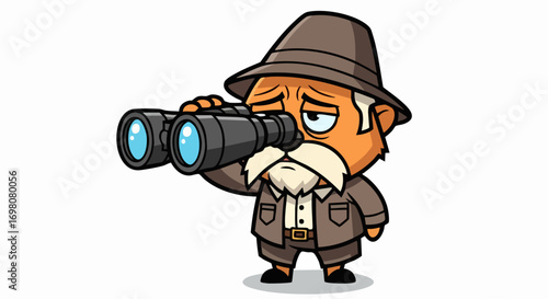 Cartoon illustration of an old man using binoculars to observe something.