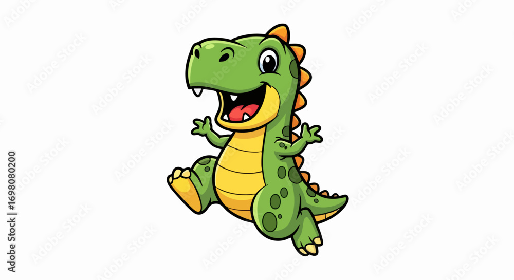 Fototapeta premium Cute green baby dinosaur cartoon character jumping happily.