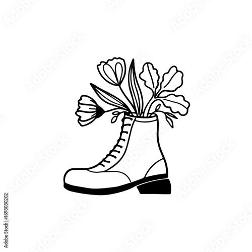 Whimsical boot sprouts vibrant flowers, symbolizing growth, nature, and unique style inspiration