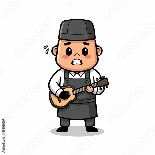 Worried cartoon chef playing guitar, looking anxious and sweating profusely.
