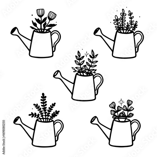 Charming hand-drawn watering cans overflowing with delightful blooms create a whimsical garden scene