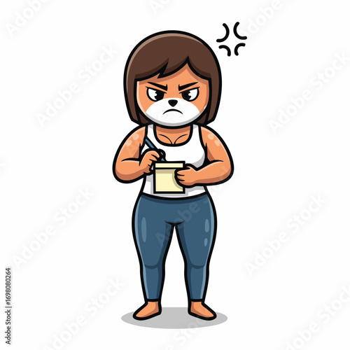 Angry Cartoon Woman with Dog Face Writing on Notepad.