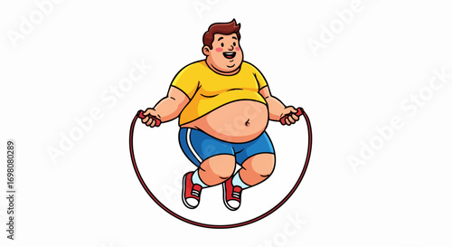 Cartoon illustration of an overweight man exercising with a jump rope.