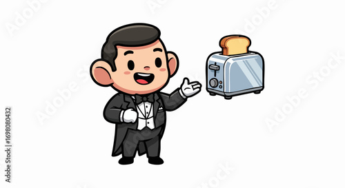 Chibi Butler Presenting Toaster with Toast for Breakfast Service.