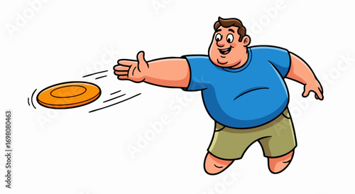 Overweight Man Joyfully Throws a Frisbee.