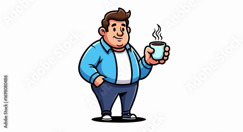 Chubby cartoon man in a blue jacket holding a steaming cup.