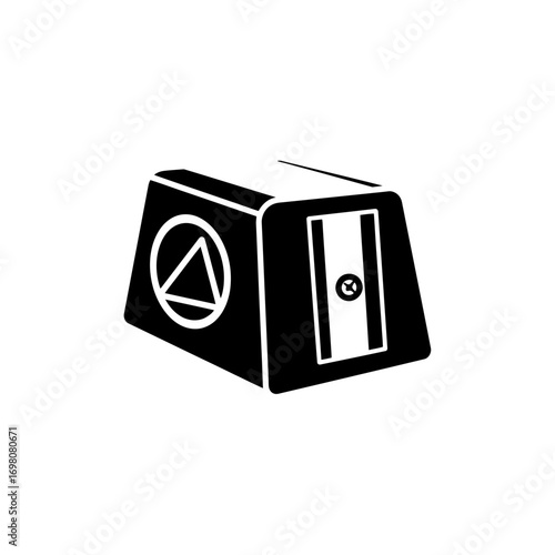 Black and white icon of a pencil sharpener with a triangle symbol