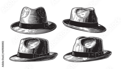 set of Fedora Hat engraving vector illustration