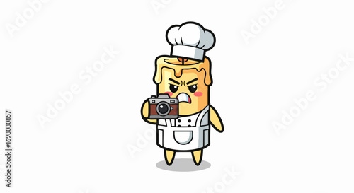Cartoon candle chef character holding camera with angry expression.