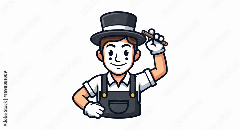 Fototapeta premium Cartoon mime artist in top hat and overalls holding a pen.
