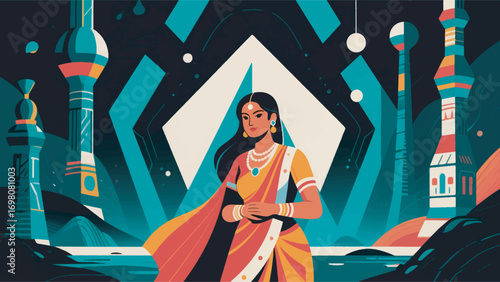 illustration of an Indian woman with futuristic and ancient elements combined vector design template