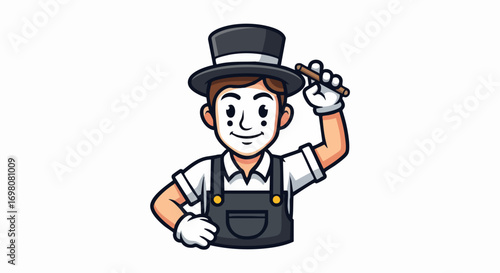 Cartoon mime artist in top hat and overalls holding a pen.