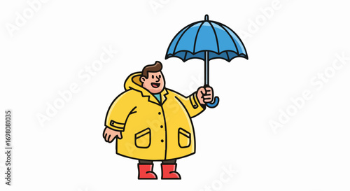 Cartoon man in yellow raincoat holding blue umbrella.
