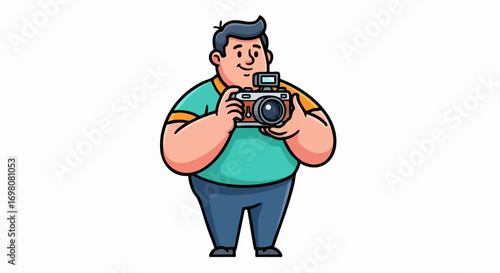 Chubby Man Holding a Vintage Camera Ready to Take a Photo.