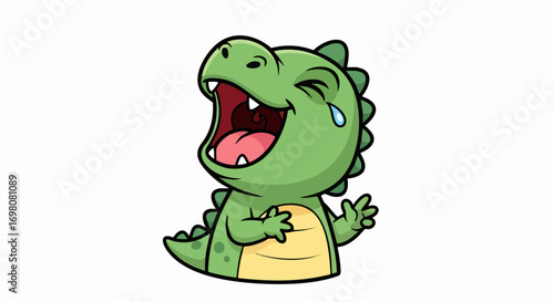 Cute green cartoon dinosaur laughing hysterically with tears.