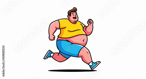 Overweight man running, showing effort and determination during exercise.