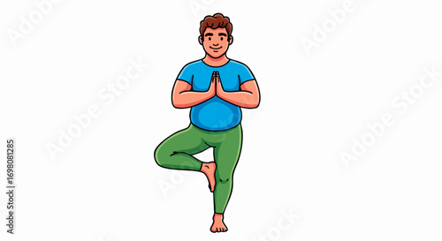 Illustration of a smiling man practicing the yoga tree pose.