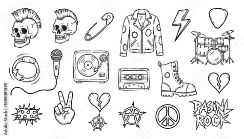 Doodle grunge punk and rock icon set