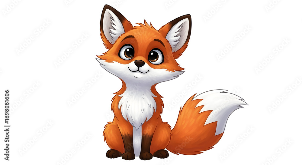 Obraz premium Cute cartoon fox character sitting with big eyes and bushy tail, vector style