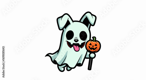 Cute ghost dog character holding a pumpkin on a stick for Halloween.