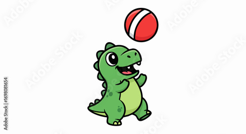 Cute cartoon baby dinosaur playing with a red and white ball.