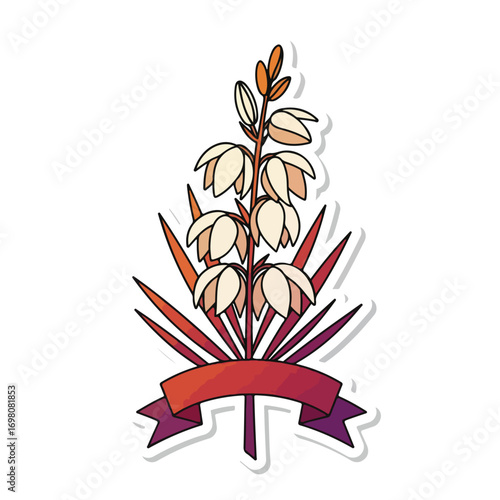 Stylized Yucca Plant with Bell Flowers and Ribbon Banner Sticker.