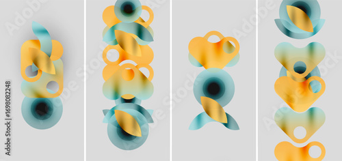 Abstract composition featuring overlapping circles, soft gradients. Blue, orange hues create dynamic visual rhythm. Minimalist design, modern aesthetic.