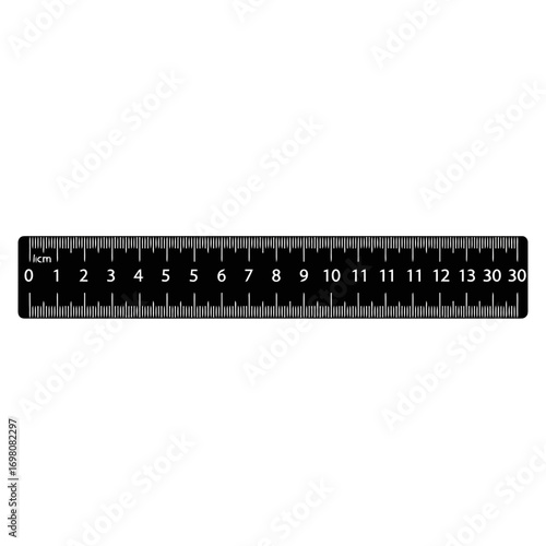 Black ruler with centimeter markings and numbers from zero to thirty