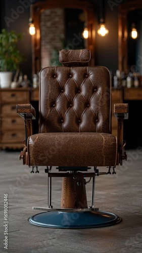 Stylish black barber chair in a chic barbershop setting.