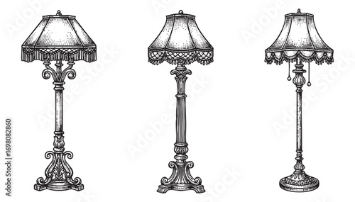 Ornate Floor Lamp set engraving vector illustration