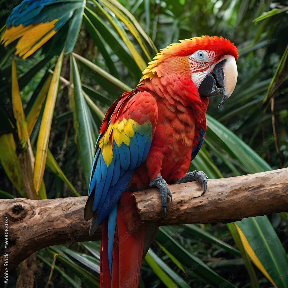 Obraz premium A vibrant Scarlet Macaw perches on a branch, showcasing its striking plumage within a lush tropical environment. A stunning portrait capturing the avian beauty of nature.