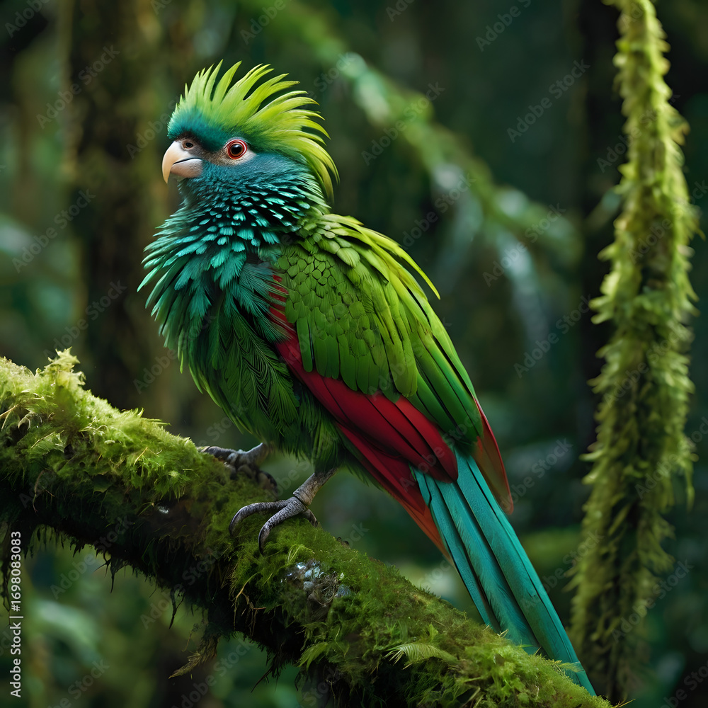 Fototapeta premium A vibrant, tropical bird with striking plumage perches gracefully on a moss-covered branch, blending seamlessly with the lush, emerald rainforest environment.