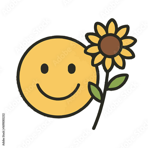 Joyful smiley face holding a bright sunflower, symbolizing happiness and positivity