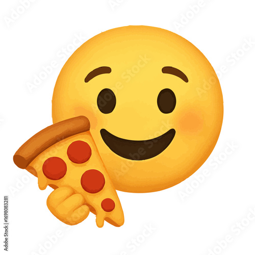 Joyful emoji devours delicious pizza slice with cheesy delight