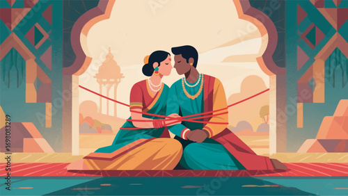 illustration of a pair of lovers with a red thread tying them together vector design template