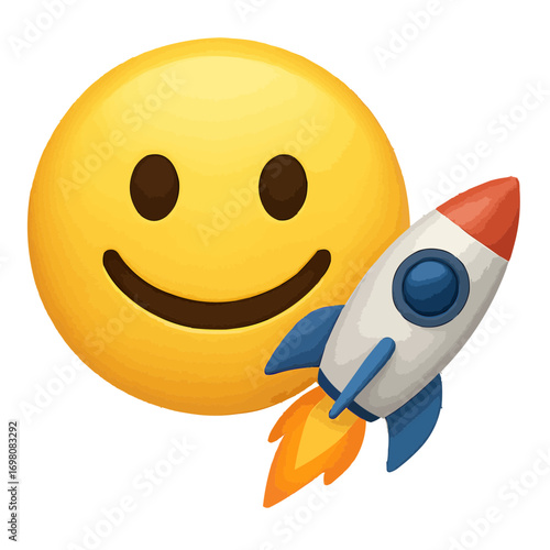 Joyful emoji launching into space with a vibrant rocket, symbolizing success and innovation
