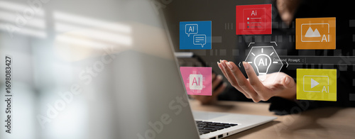 Businesswoman using artificial intelligence for content creation on laptop. Concept of AI tools for generating text, image, and video in digital marketing and creative workflow.