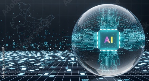Ai chip inside a glass sphere with india map and digital grid background showcasing technology