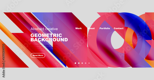 Vibrant abstract geometric background. Website header design features colorful shapes, text, navigation menu, button. Modern style.