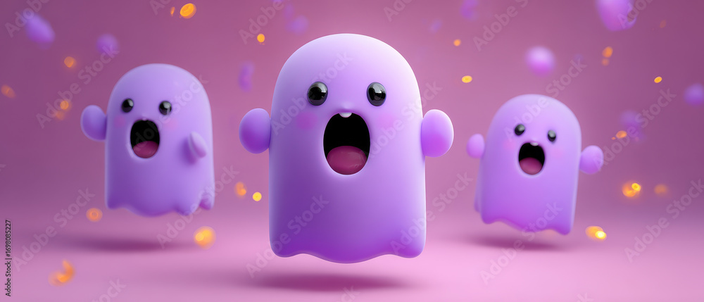 Fototapeta premium Purple cartoon ghosts with joyful expressions float on pink background