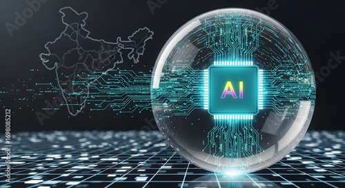 Artificial intelligence concept with india map and circuit board inside a glass sphere design