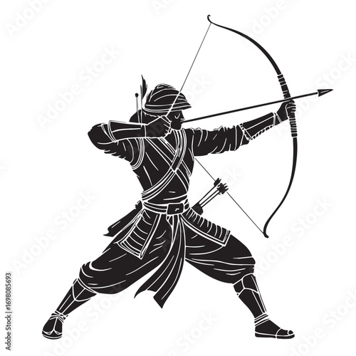 Black archery global bow and arrow combat Silhouette Vector, High Quality Illustration on White Background
