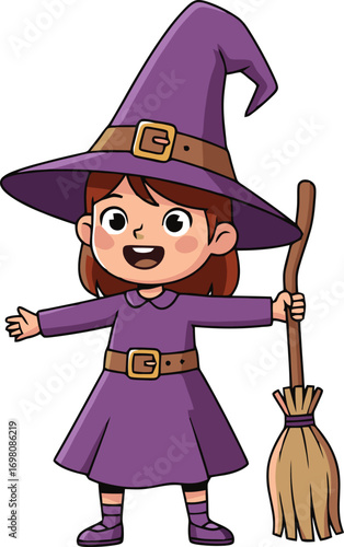 Adorable little witch girl with broom in purple dress isolated on white background