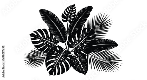 tropical leaves design, black and white, exotic foliage, lush plant arrangement, detailed leaf patterns.