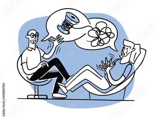 Patient with mental disorders and internal problems seen by a psychologist. Hand-drawn conceptual business  illustrations. Cartoon style in vector.