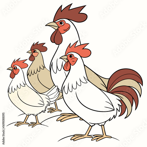 A family of chickens standing together on a farm with a rooster leading the flock
