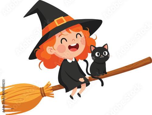 Cute witch flying on broom with black cat isolated on white background
